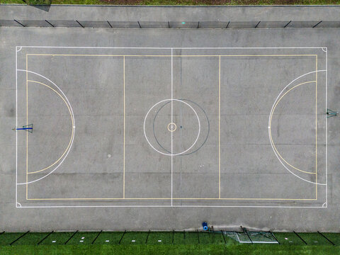 A basketball court viewed from a drone