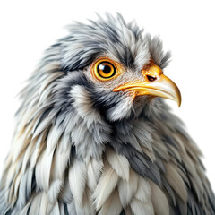 Obraz premium A detailed close-up portrait of a grey hen against a pure white background.