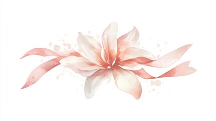 Fototapeta premium Delicate Pink Lily with Soft Ribbons in Watercolor Style on a Clean White Background for Elegant Floral Design and Artistic Projects