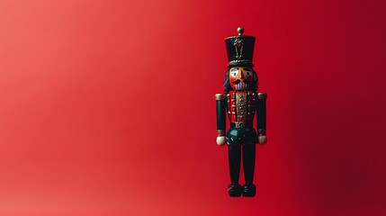 21. A traditional nutcracker figure standing tall against a solid red background