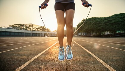 A close up view of a person jumping rope; an athlete doing rope jumping; sports photography; up and close view of the feet while jumping rope; fitness and health; 