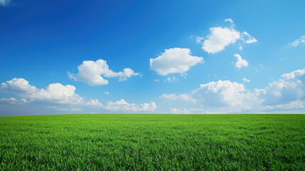 Obraz premium Lush Green Grass Fields Under a Bright Blue Sky with Fluffy White Clouds and a Peaceful Atmosphere Suggesting Nature and Tranquility