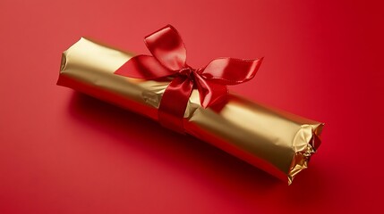 18. A Christmas cracker wrapped in gold paper with a red ribbon resting on a red background