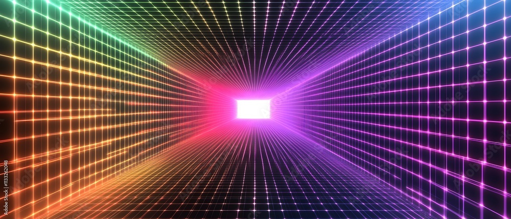 Aufkleber Vibrant Neon Grid Tunnel in Futuristic Style with Colorful Lights and Geometric Patterns Creating an Immersive Digital Experience for Creative Projects