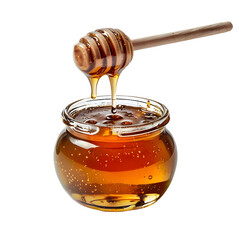 Dripping honey from a wooden honey dipper on a white background.