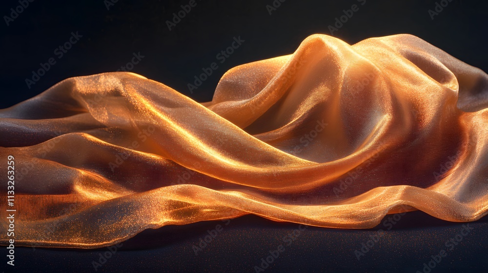 Poster Graceful Flow of Translucent Golden Silk Fabric Illuminated by Soft Light, Creating a Dreamlike and Ethereal Atmosphere for Artistic and Elegant Designs