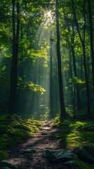 Obraz premium A serene forest scene with sunlight filtering through trees, illuminating a tranquil path.