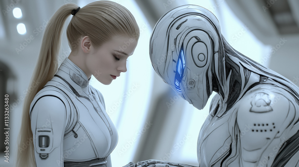 Poster futuristic human-robot interaction in a sci-fi setting