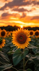 Obraz premium Sunflower Field at Sunset with Glowing Sky