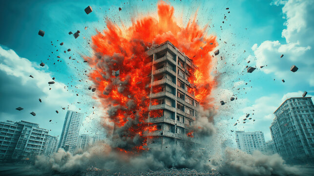 Urban building imploding in fiery explosion against cityscape with dramatic clouds