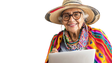 Portrait of mexican senior happy woman holding laptop on white background	
