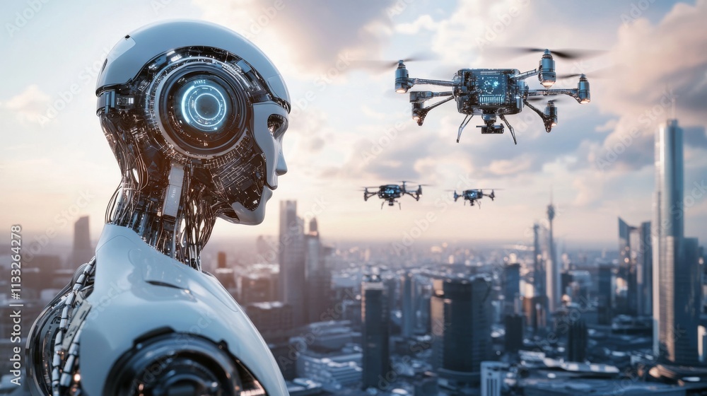 Poster a futuristic scene of a humanoid robot with illuminated features, overseeing drones flying across a 