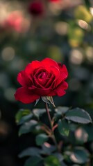 Close-Up of a Blooming Red Rose in Green Garden