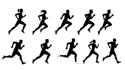 Obraz premium Running men and women, isolated vector silhouettes. Run, side view. Silhouettes of athletic looking male and female runners running. JPEG version.