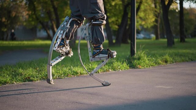 Person using spring stilts on paved path in park, wearing dark gray pants and athletic shoes, captured from low angle focusing on legs and stilts, showcasing dynamic motion and energy