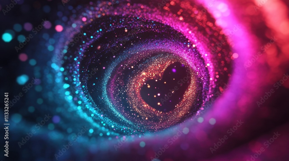 Poster a vibrant cosmic swirl of colors, showcasing a mesmerizing tunnel filled with sparkling particles, e