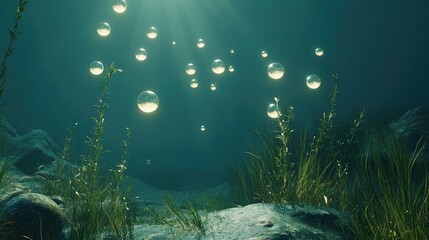 Fototapeta premium Underwater scene with bubbles gently floating upward, creating a serene oceanic ambiance.
