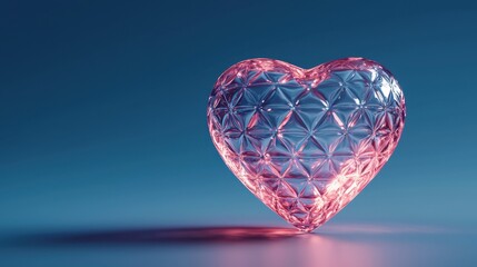 Fototapeta premium A beautiful, faceted crystal heart radiates pink light against a serene blue background, symbolizing love and elegance.