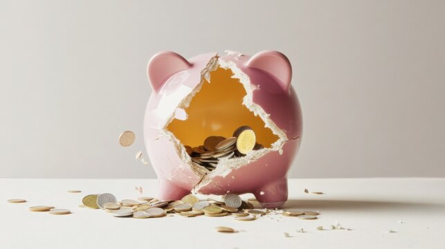Broken piggy bank with coins scattered around, symbolizing financial struggle and the need for careful budgeting and saving.