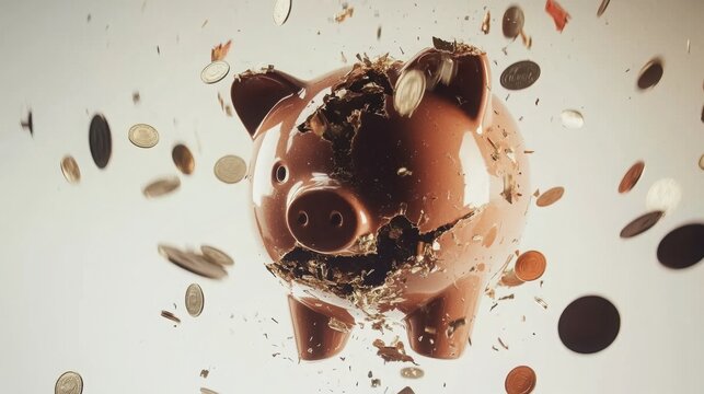 Broken piggy bank with coins scattered around, symbolizing financial struggle and the need for careful budgeting and saving.