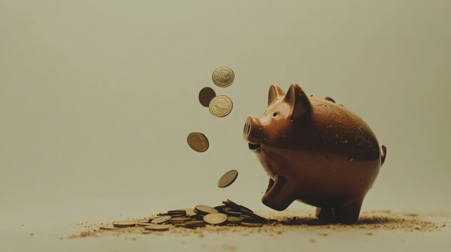 Broken piggy bank with coins scattered around, symbolizing financial struggle and the need for careful budgeting and saving.