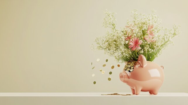 Broken piggy bank with coins scattered around, symbolizing financial struggle and the need for careful budgeting and saving.