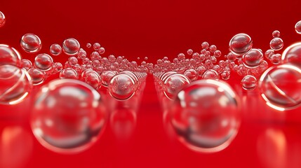 5. Transparent balls of varying sizes arranged symmetrically on a red background