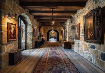 Obraz premium A long hallway in an old castle, decorated with tapestries and medieval paintings on the walls.
