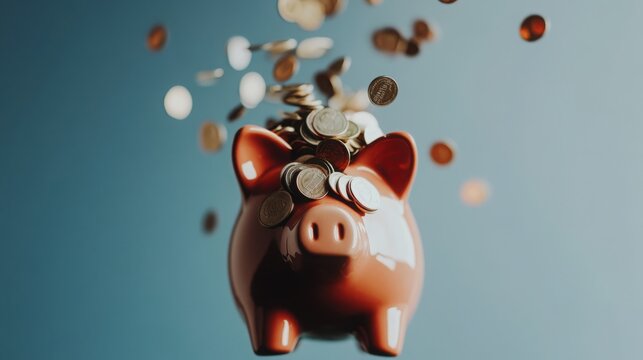 Broken piggy bank with coins scattered around, symbolizing financial struggle and the need for careful budgeting and saving.
