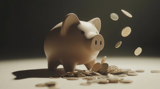 Broken piggy bank with coins scattered around, symbolizing financial struggle and the need for careful budgeting and saving.