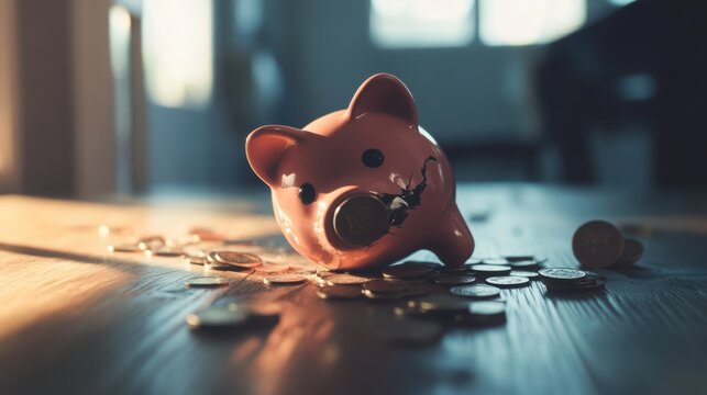 Broken piggy bank with coins scattered around, symbolizing financial struggle and the need for careful budgeting and saving.