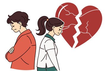 Fototapeta premium Upset Young Couple with Broken Heart Illustration Love and Heartbreak Concept