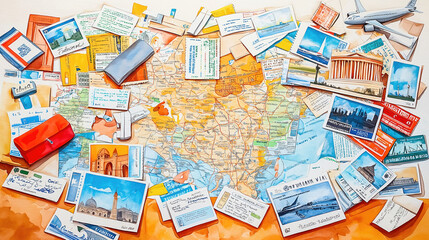Obraz premium Vintage travel map collage with postcards and tickets