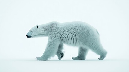 Fototapeta premium 26. A polar bear walking with a relaxed stride, its body slightly bent forward, against a white background