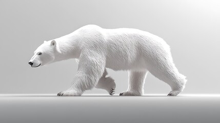 25. A polar bear in a majestic pose, walking across a flat surface with a simple white background