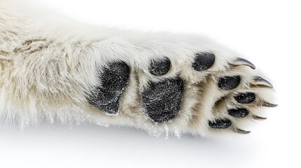 13. A close-up of a polar bear paw, with visible fur texture and claws, against a white background