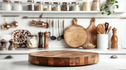 Wooden cutting board against a bright, modern kitchen backdrop. Kitchen podium background for food product. Ideal for culinary websites, cooking 
 blogs.