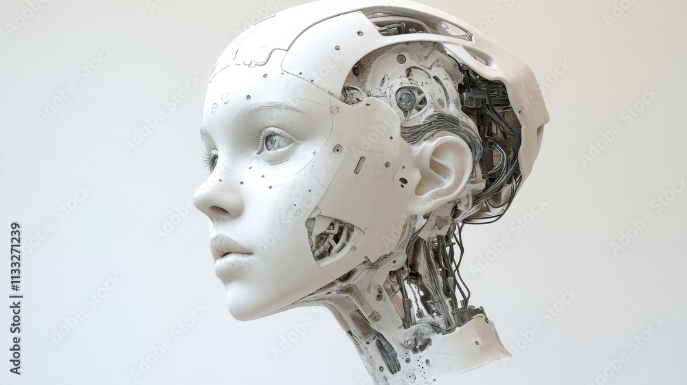 Poster side view of a robotic head designed with mechanical precision and futuristic aesthetics, featuring 