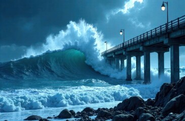 powerful tsunami wave engulfing pier. dramatic ocean storm with dark overcast sky. natural disaster