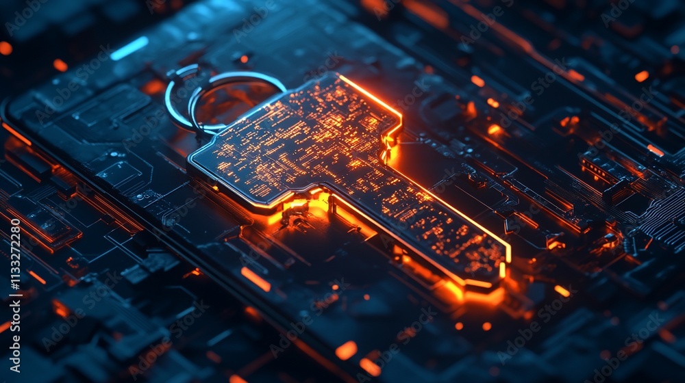 Poster a glowing digital key on a circuit-like background, symbolizing cybersecurity.