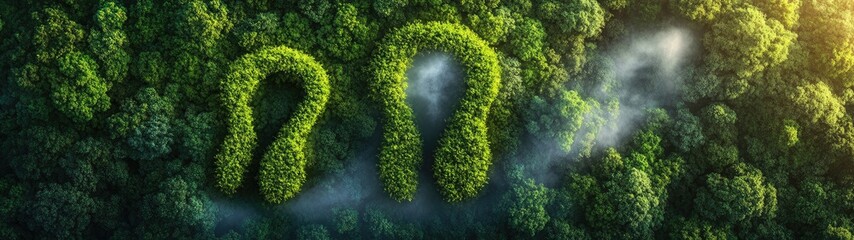 Aerial view of question marks formed by lush green foliage in a misty forest.