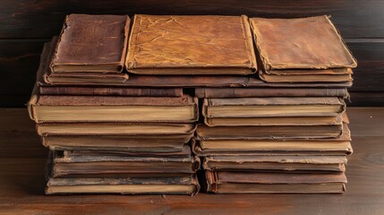 Stack of antique, leather-bound books.