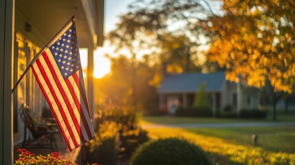 Sunset glow enhances the beauty of a flag waving gently in a quiet neighborhood on a crisp autumn evening
