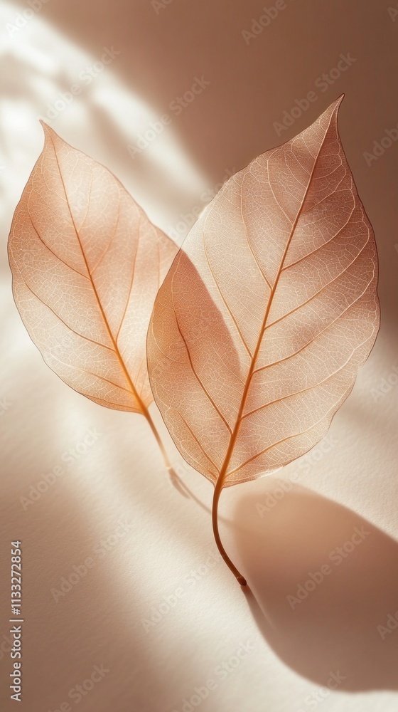 Poster two delicate, translucent leaves lay softly on a neutral backdrop, highlighting their intricate deta