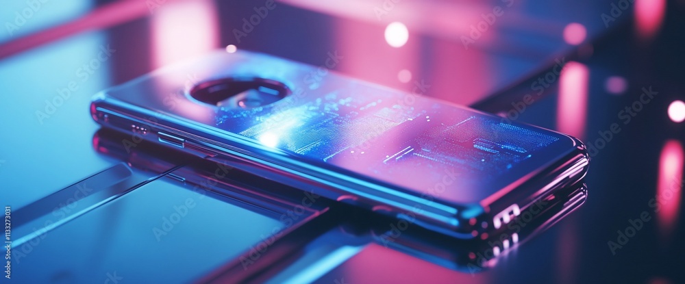 Poster a modern smartphone resting on a reflective surface with vibrant lighting.