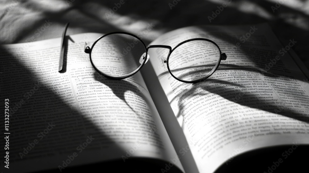 Poster black-and-white composition of eyeglasses resting on an open book, with sharp shadows and high contr
