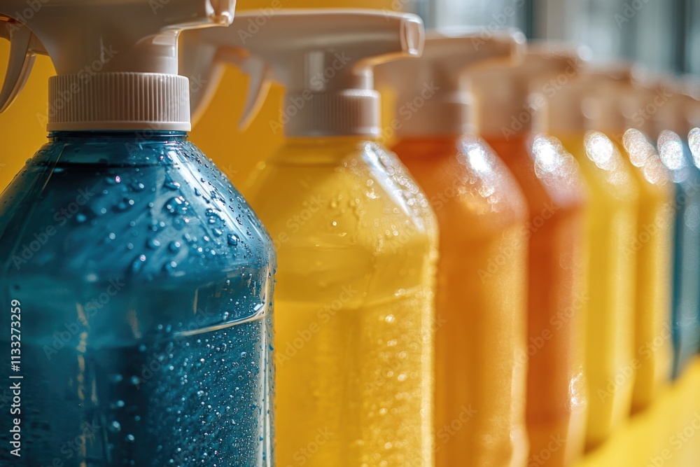 Poster a row of plastic bottles filled with different colored liquids