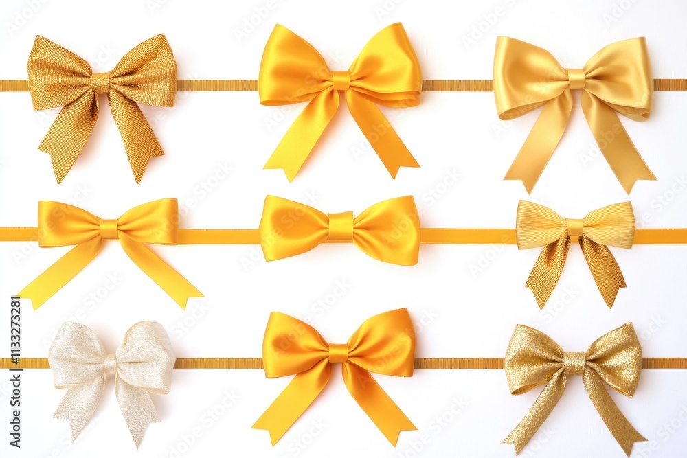 Poster a collection of colorful bows on a plain white surface, ideal for design projects and creative ideas