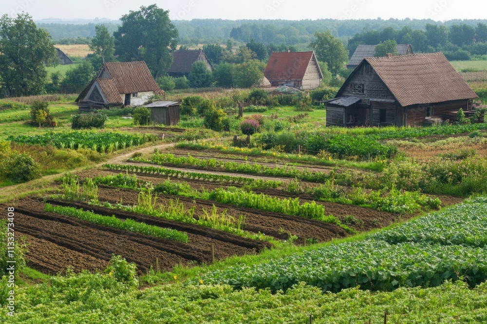 Poster a rural farm scene featuring rows of crops and a barn in the background