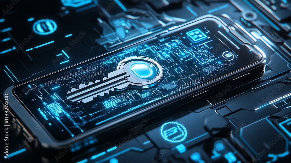 Poster A smartphone displaying a digital key symbolizing cybersecurity and protection.